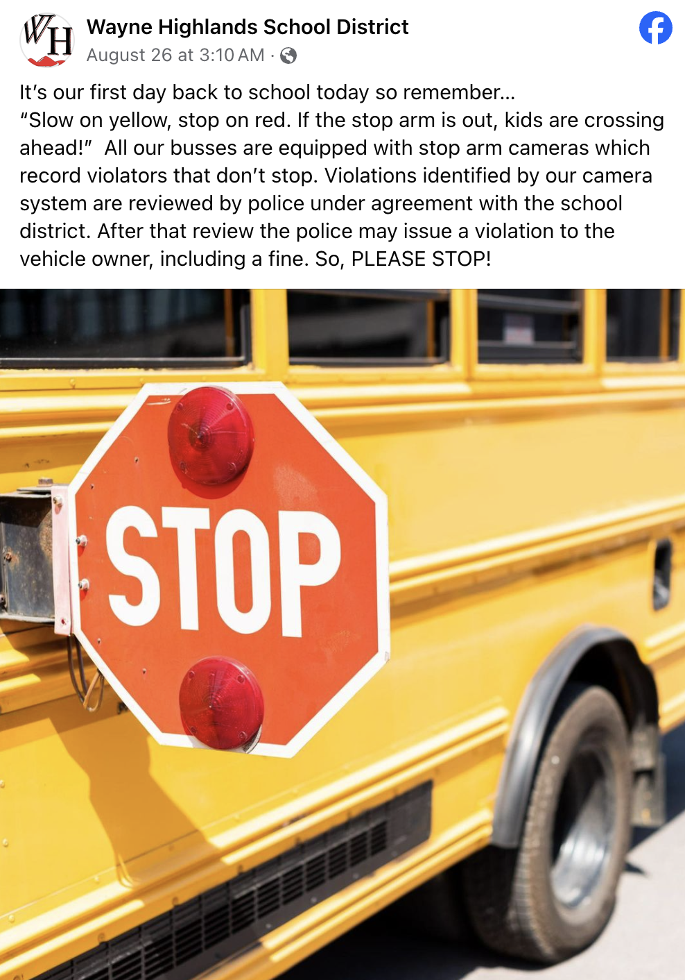 Facebook Post Showing School Bus